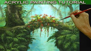 Acrylic Landscape Painting Tutorial Tropical Misty Forest with Hanging Plants Flowers and Ferns [upl. by Solracsiul]