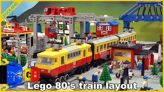 Lego train 80s layout with ALL 12V trains and HUGE classic Lego town [upl. by Maurreen]