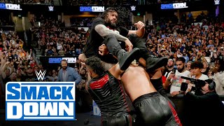 FULL SEGMENT The Bloodline assault Roman Reigns SmackDown highlights Aug 16 2024 [upl. by Enomys]