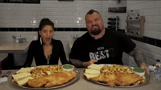 Food Challenge Vs Worlds Strongest Man EDDIE HALL  Fish n Chips  Fosters MaleVs Whale [upl. by Certie]