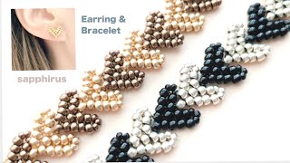 【ビーズステッチ初級】ハートのピアス＆ブレスレット♡作り方 Beaded Heart Stud Earrings and BraceletHeartsDIYTutorialSeed bead [upl. by February]