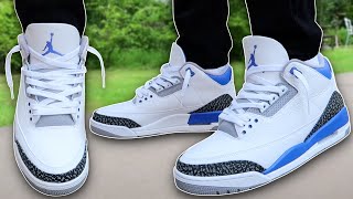 How To Lace Jordan 3s Loosely w ON FEET  Featuring Racer Blue BEST WAY [upl. by Aicyla309]