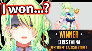 Fauna finds out she won BEST ASMR Roleplay in the Vtuber Award 【Ceres Fauna  Hololive EN】 [upl. by Anesuza195]