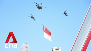 Singapore national day ceremonial parade State flag and F15SG flypast [upl. by Oicnerual]