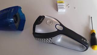 How to replace the batteries in a AEG handheld cleaner dust hoover Italian with EN subtitles [upl. by Prebo]