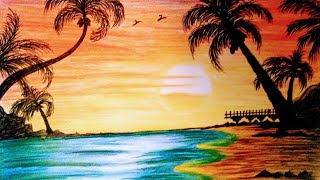 How to draw sunset beach landscape drawing with color pencils [upl. by Vinay]