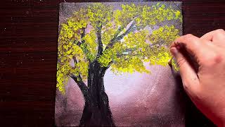 Yellow Tree Acrylic Painting Tutorial  How to Paint a Whimsical Scene with a Girl and Birds [upl. by Kind]