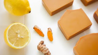 Homemade lemon turmeric soap🍋 Natural cold process soap making w recipe [upl. by Atteynek]