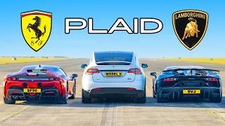 Tesla Model X PLAID v Ferrari SF90 v Lambo SVJ DRAG RACE [upl. by Aya332]