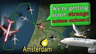 United HITS A SEAGULL ON TAKEOFF  Radome Damaged  Return to Amsterdam [upl. by Belldame]