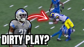 DIRTY PLAY Los Angeles Rams TE Tyler Higbee TEARS ACL on THIS HIT from Detroit Lions Kerby Joseph [upl. by Hsemar]