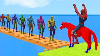 Red Horse Spiderman Crossing On Rainbow Spiders Bridge With Horse Against Sharks Rescue Animals Game [upl. by Yecies812]