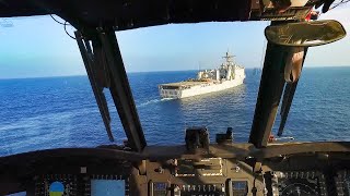 Cockpit View CH47 Chinook Helicopter Practice Deck Landing  United States Army  MFA [upl. by Aciret]