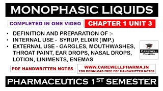 Monophasic Liquids complete  Syrup  Elixir  Liniments  Ch 1 U 3  Pharmaceutics  B Pharmacy [upl. by Notlih313]