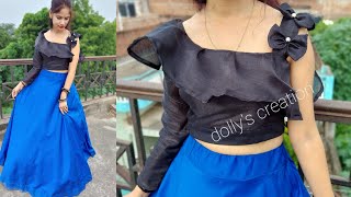 One Side Sleeve Crop Top Cutting Stitching Tutorial  Dollys Creation [upl. by Halladba70]