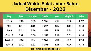 Jadual Waktu Solat Johor Bahru Disember  2023 [upl. by Gavini]