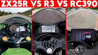 NINJA ZX25R VS Yamaha R3 VS RC 390  0 TO 100  TOPSPEED [upl. by Obara]