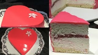 طورطة بطريقة مبسطة بموس لذيذة على شكل قلب و كلاصاج لامع 💖entremet chocolat blanc insert framboise [upl. by Tade]