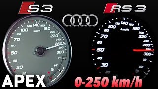 2017 Audi S3 vs Audi RS3  Acceleration Sound 0100 0250 kmh  APEX [upl. by Stanwinn248]