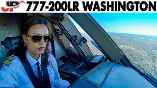 Piloting the quotWomens Dayquot Boeing 777 into Washington  Cockpit Views [upl. by Ratna]