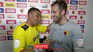 Troy Deeney amp Manuel Almunia after Watfords dramatic playoff match against Leicester [upl. by Aihsoek]