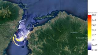 Samalas Tsunami Simulation with GoogleEarth Background [upl. by Otsugua]