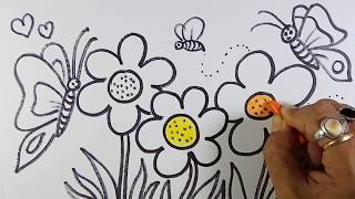 Easy and simple Flower Garden Drawing [upl. by Ibrab]