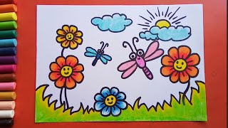 Easy and simple Flower Garden drawing [upl. by Akcirre]