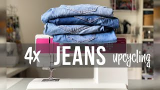 4x Jeans upcycling Ideen DIY mit Webband  Stoffresten nähen und Stempeln [upl. by Eynttirb675]