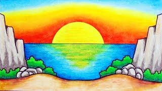 Cara Menggambar Matahari Terbenam di Laut  How To Draw Easy Sunset Scenery For Beginners [upl. by Dey]