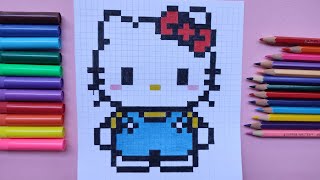 hello kitty drawing😻 how to draw hello kitty pixel art💙💛 [upl. by Lydie]