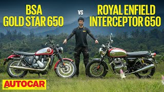 BSA Gold Star 650 vs Royal Enfield Interceptor 650  Soulful 650s go head to head  Autocar India [upl. by Ahseeyt]