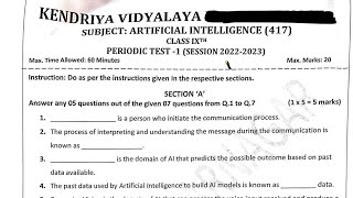 PT1 Question Paper  Class9 AI Artificial Intelligence Periodic Test Paper Kendriya Vidyalaya [upl. by Dougy]