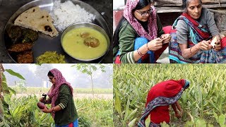 Village style pakoda kadhi  Kele ke phool ke pakode  Arbi patta Patra  INDIAN LUNCH ROUTINE [upl. by Alel]