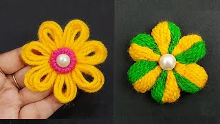 Super easy woolen flower making trick  Embroidery hack  flower making trick using finger and fork [upl. by Gregorius]