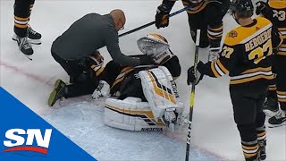 Tuukka Rask Has To Be Helped Off The Ice After Filip Chytil Slams Into Him During Goal [upl. by Babara803]