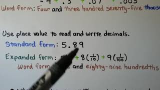 5th Grade Math 32 Place Value of Decimals ReadWrite Standard Expanded Word Forms [upl. by Ayahsal243]