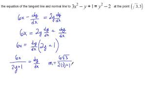 Example of Finding Tangent and Normal Lines Using Implicit Differentiation [upl. by Arleyne81]