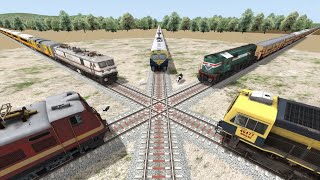 Five Trains at Forked Railroad — Cross Each Other at Diamond Crossing  Train Simulator [upl. by Douglass]