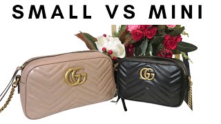 GUCCI MARMONT CAMERA BAG SMALL VS MINI SIZE II WHAT FITS II MOD SHOTS [upl. by Andryc]