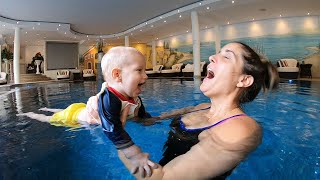 BABY SWIMMING LESSONS  Ultimate first lesson routine  17 month old Swimming in Pool [upl. by Adidnere]