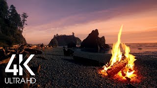 8 Hours 4K Campfire On Beach  Crackling Fire with Ocean Waves Sounds [upl. by Leruj]