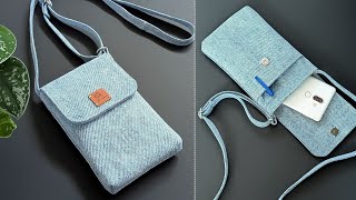 DIY Mini Denim No Zipper Phone Crossbody Bag Out of Old Jeans  Bag Tutorial  Upcycled Craft [upl. by Siuqcram]