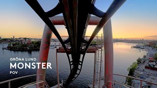 POV of Monster at Gröna Lund Beautiful sunset with parks lights 5k Mounted New 2021 BampM Invert [upl. by Caralie]