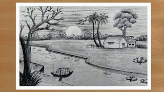 Gramer Drisso💖Village Scene Drawing  How to Draw landscape [upl. by Eberle]