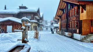 Heavy snowfall in the mountain village of Mürren Switzerland 4K  a real Fairytale village [upl. by Ylra323]