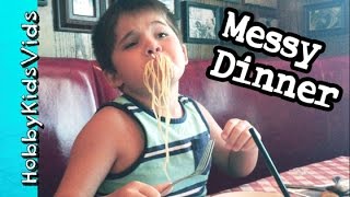 Italian Dinner Messy Spaghetti Meatballs Buca Di Beppo Restaurant by HobbyKidsVids [upl. by Ahsenak]