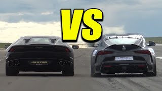 LAMBORGHINI HURACAN vs TOYOTA SUPRA MK5 600hp [upl. by Nosdivad]