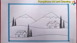 Winter Scenery drawing With Pencil  Landscape Scenery  Easy to Draw [upl. by Goldston832]