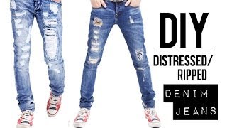 HOW TO DISTRESSED DENIM JEANS EASY  DIY TUTORIAL  JAIRWOO [upl. by Anahsak]